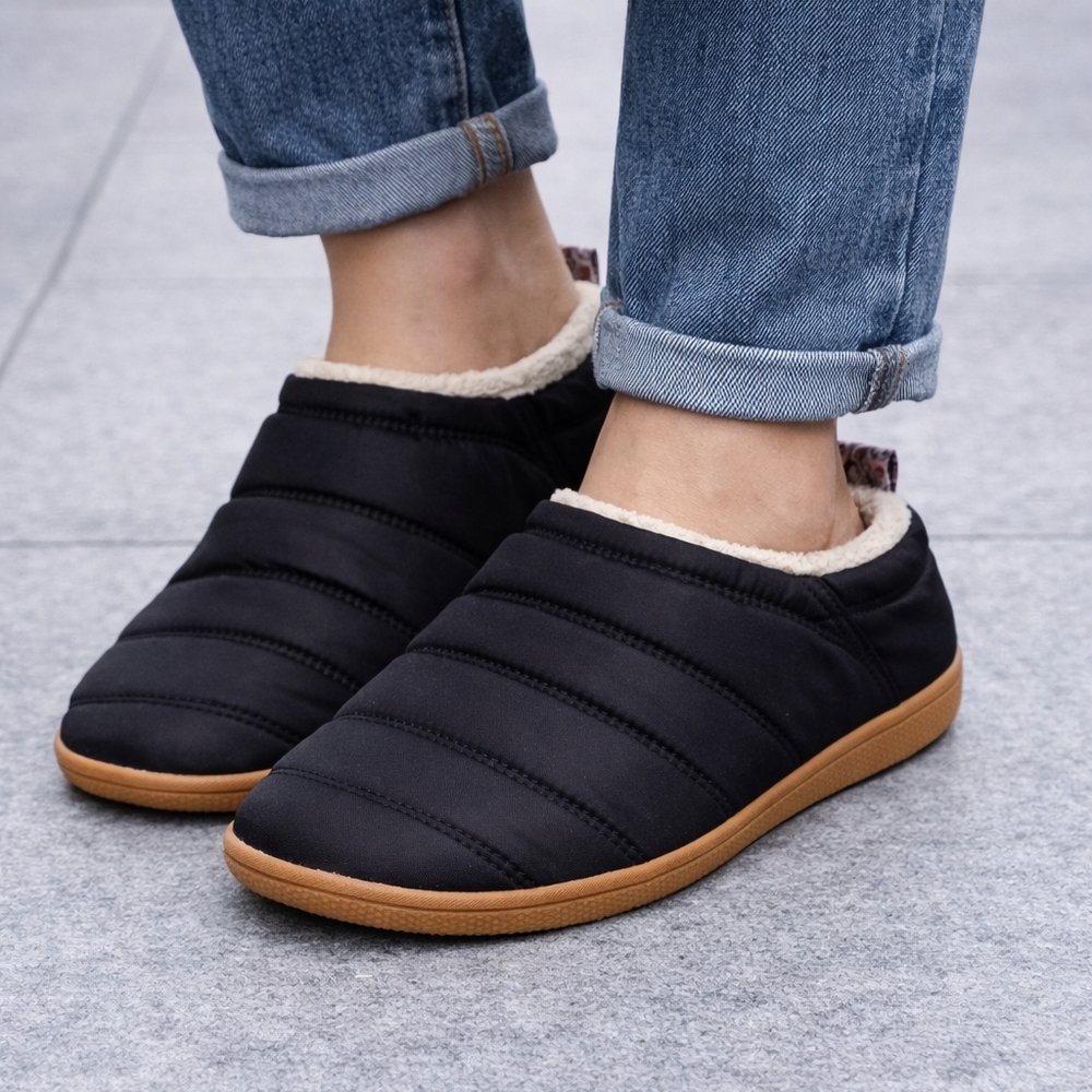 dearfoams Waterproof Black Quilted Fleece Lined Slip-On Slippers with Tan Sole